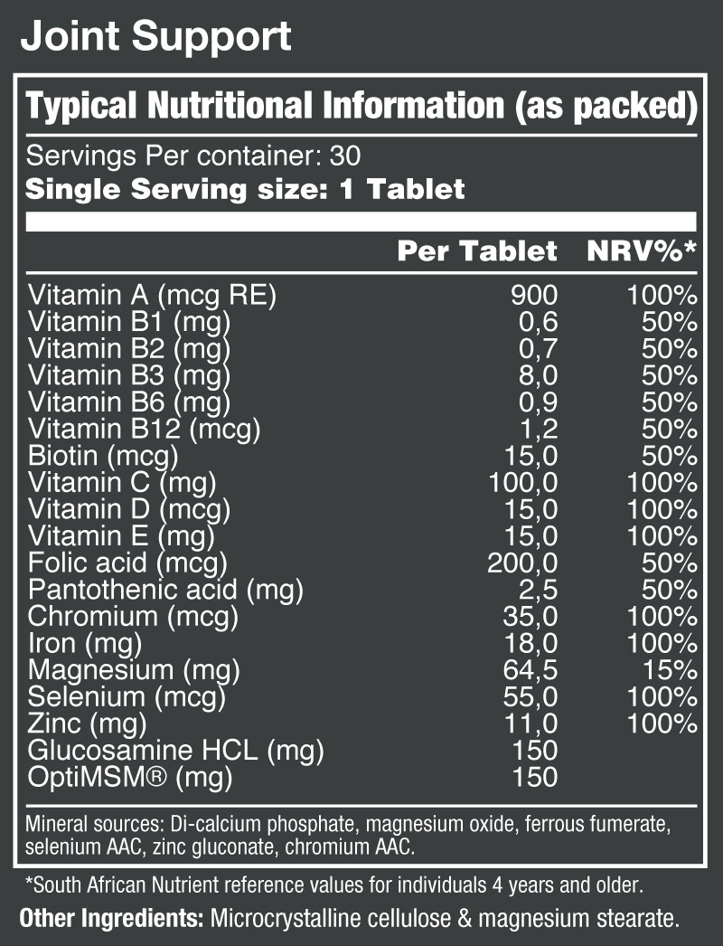 Vitatech Joint Support 30 Tabs - Nutritional Information