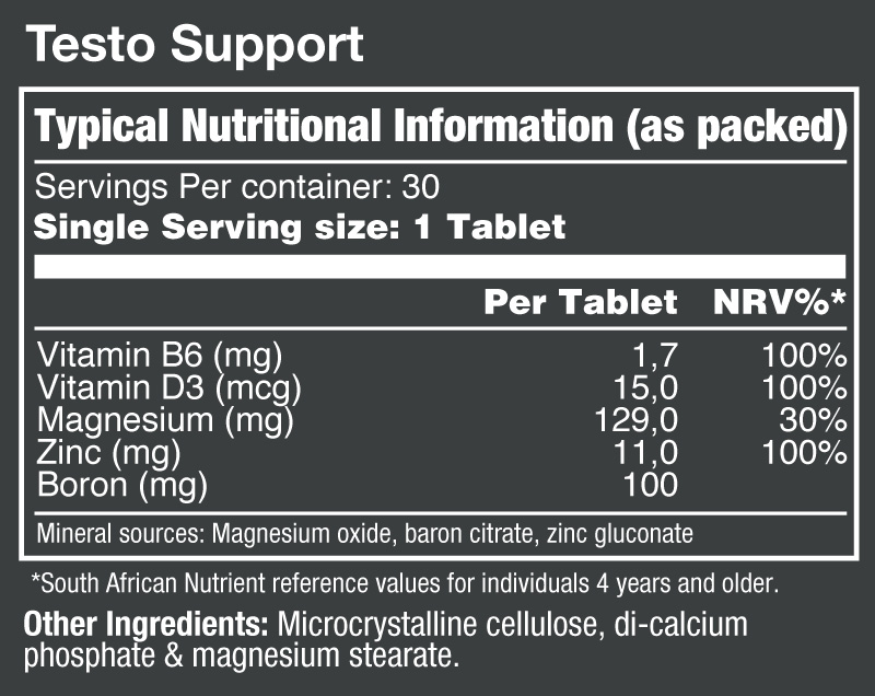 Vitatech Testo Support 30 Tabs - Nutritional Information